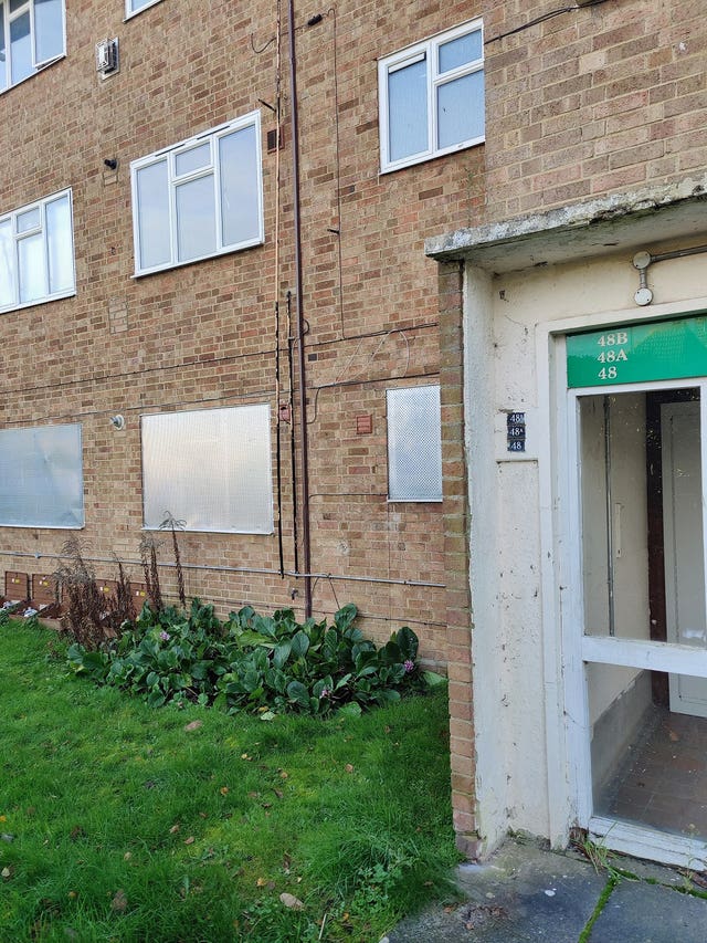 The first floor flat in Woking, Surrey where Laura Winham, 38, was found in a “mummified and skeletal state” by her brother in May 2021