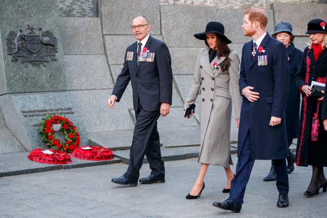 Ms Markle listens intently to New Zealand’s High Commissioner, Jerry Mateparae (Tolga Akmen/PA)