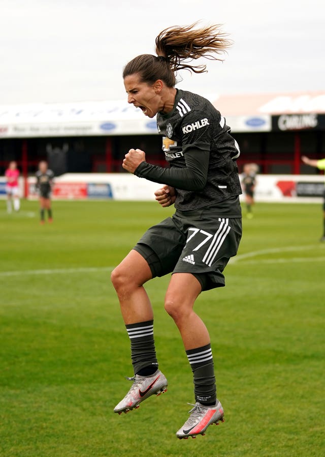 Tobin Heath celebrates her first Manchester United goal