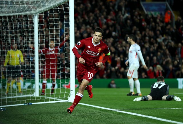 Liverpool striker Philippe Coutinho celebrates scoring against Spartak Moscow in the Champions League match at Anfield. (Tim Goode/PA Wire)