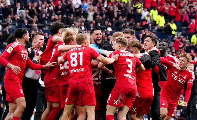 Aberdeen goalkeeper Dimitar Mitov (centre) celebrates with his team mate