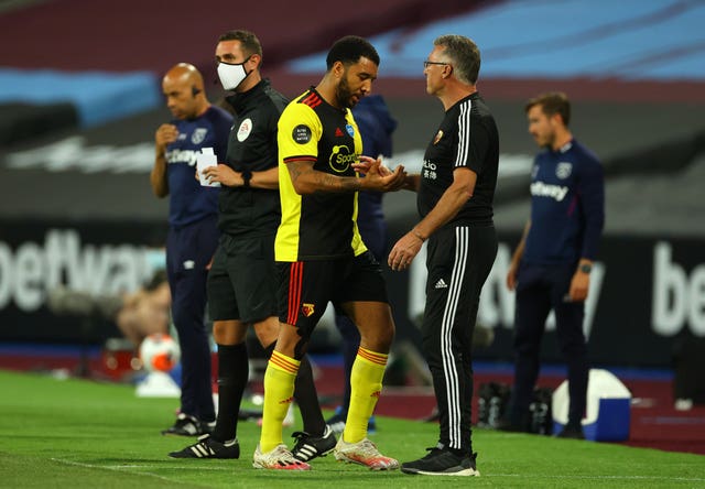 Troy Deeney, left, scored in Watford's 3-1 defeat away to West Ham on Friday