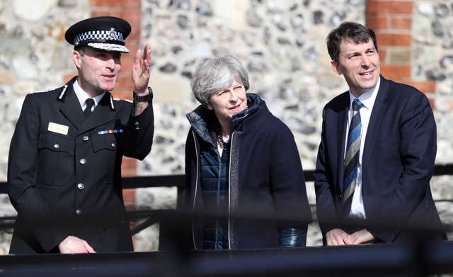 Prime Minister Theresa May with Wiltshire Police Chief Constable Kier Pritchard and Salisbury MP John Glen (Andrew Matthews/PA)