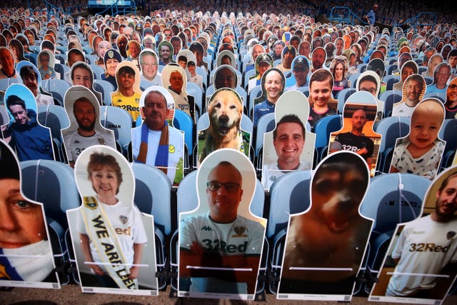 Cardboard cut-outs of supporters at Elland Road, Leeds
