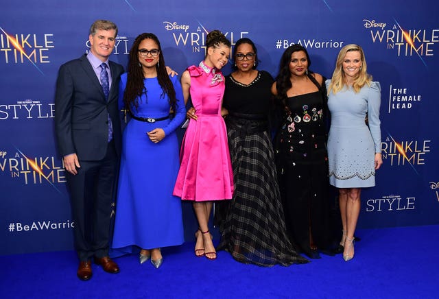 Left to right, James Whitaker, Ava DuVernay, Storm Reid, Oprah Winfrey, Mindy Kaling and Reese Witherspoon attending the A Wrinkle In Time European Premiere (Ian West/PA)