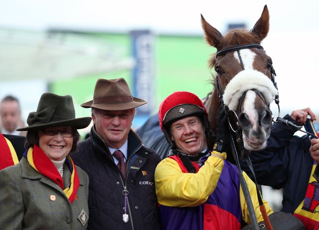 Owner Anne Broom, Colin Tizzard and Richard Johnson celebrate after the Gold Cup