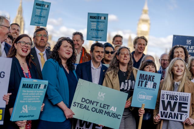 Music creators and politicians take part in a protest calling on the Government to ditch plans to allow AI tech firms to steal their work without payment or permission