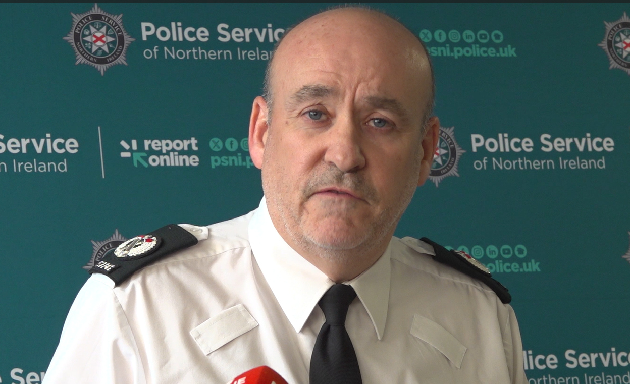 Assistant Chief Constable Ryan Henderson speaking to the media following a protest in Ballymena over an alleged sexual assault in the Co Antrim town