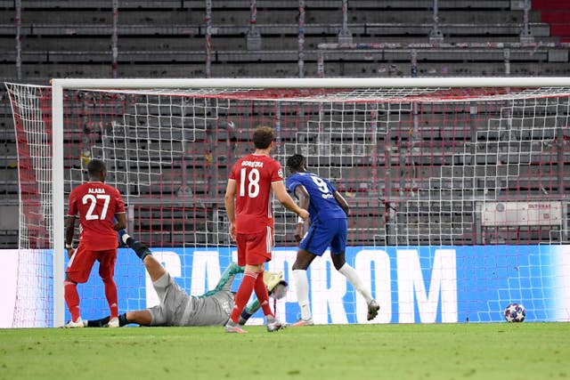 Tammy Abraham, right, scores for Chelsea