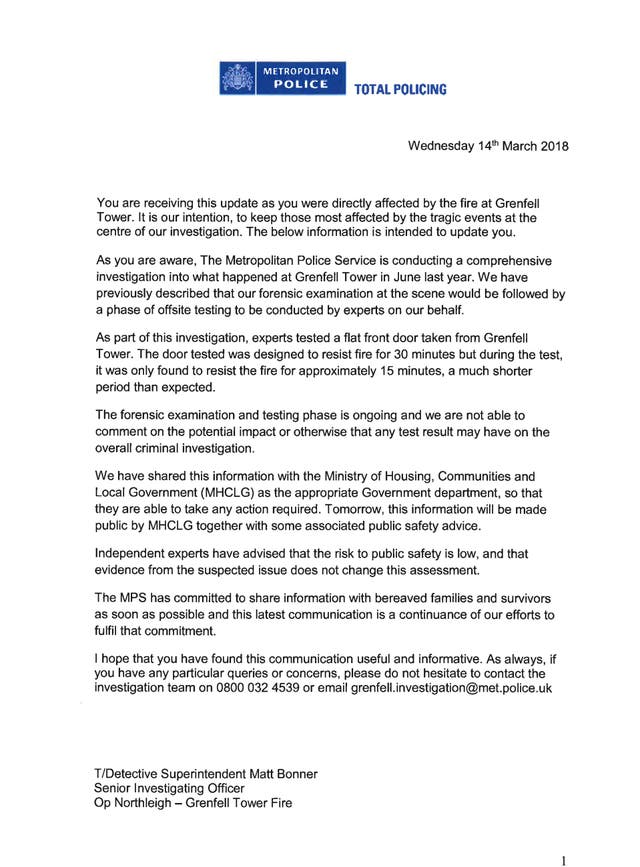 Families from Grenfell Tower were told of the developments in a letter (Handout)