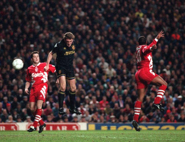 Steve Bruce scores against Liverpool as they came back from 3-0 down to draw 3-3 with goals from Nigel Clough and Neil Ruddock in 1993-94