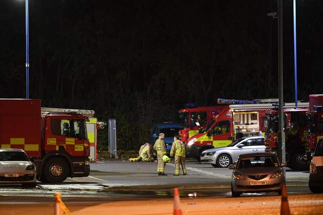 The emergency services outside the King Power Stadium in Leicester after a helicopter belonging to Leicester City Football Club owner Vichai Srivaddhnaprabha crashed in a car park (Joe Giddens/PA)