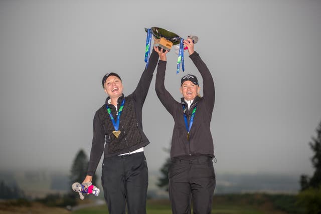 Winners of the Womens final Sweden, represented by Cajsa Persson and Linda Wessberg celebrate following the trophy and medal presentation during day eleven of the 2018 European Championships at Gleneagles PGA Centenary Course.