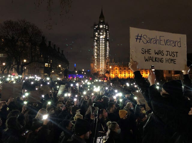 People gathered in Parliament Square after the death of Sarah Everard, murdered by a Metropolitan Police officer