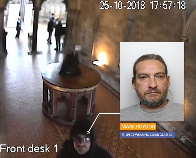 CCTV showing Mark Royden in the hall of Salisbury Cathedral on October 25, 2018