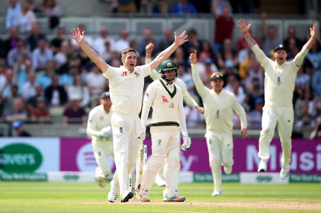 Chris Woakes appeals for a wicket which is eventually given following a review