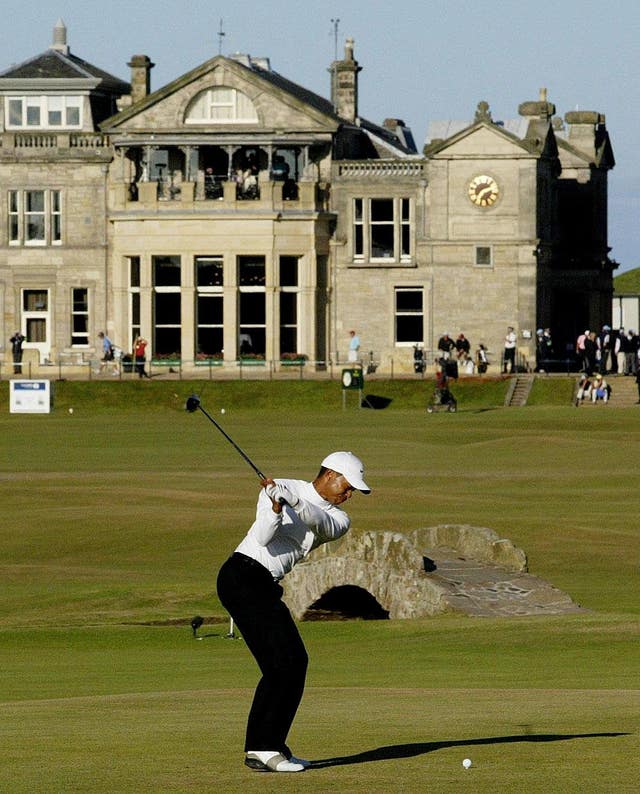 Tiger Woods tees off at the eighteenth at the 134th Open Championship at St Andrews in 2005