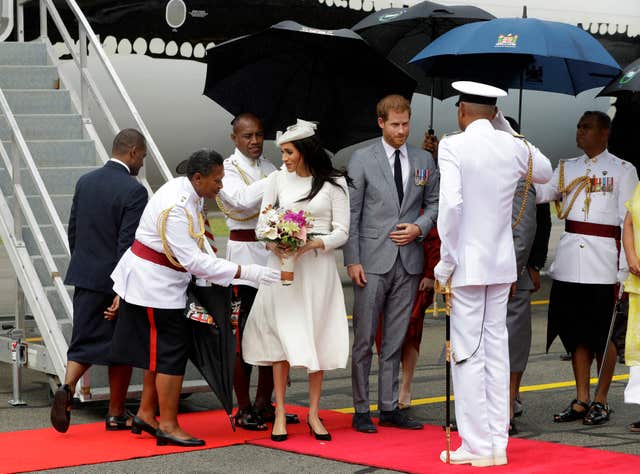 The Duke and Duchess of Sussex arrive in Suva, Fiji (Kirsty Wigglesworth/PA)