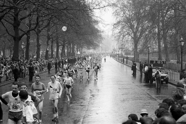 Competitors running along Pall Mall in the first ever London Marathon in 1981