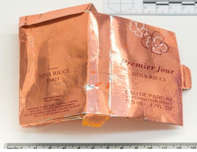 The counterfeit perfume box found by Charlie Rowley in June