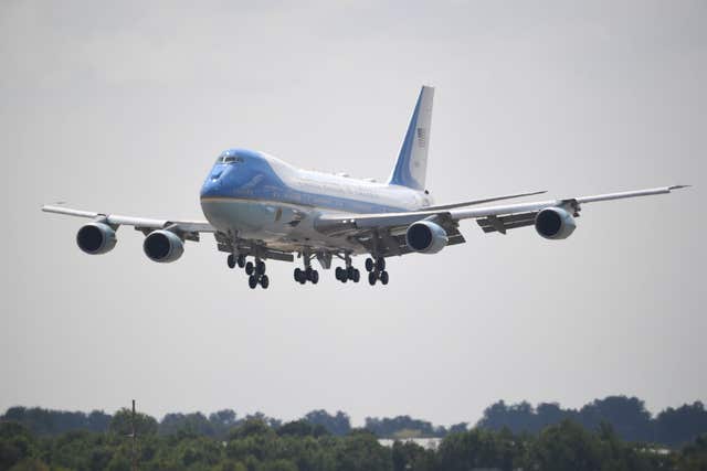 Air Force One comes in to land at Stansted Airport