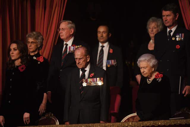 The Duchess of Cambridge, the Duke of Edinburgh and the Queen attend the annual Royal Festival of Remembrance at the Royal Albert Hall, London (Stefan Rousseau/PA)