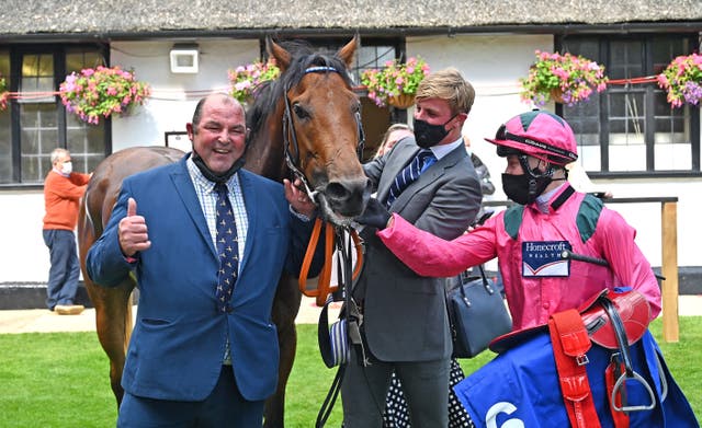 Trainer Roger Teal (left) and Cieren Fallon (right) after Oxted's win in the July Cup