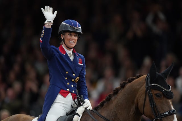 Imhotep ridden by Great Britain’s Charlotte Dujardin react following their performance during the FEI Dressage World Cup on day two of the London International Horse Show at ExCel London