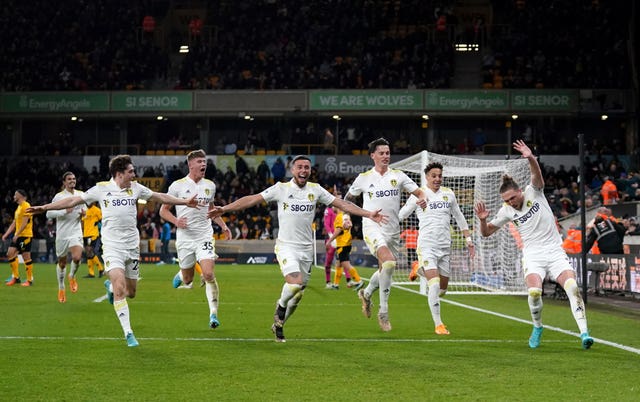 Luke Ayling (right) celebrates