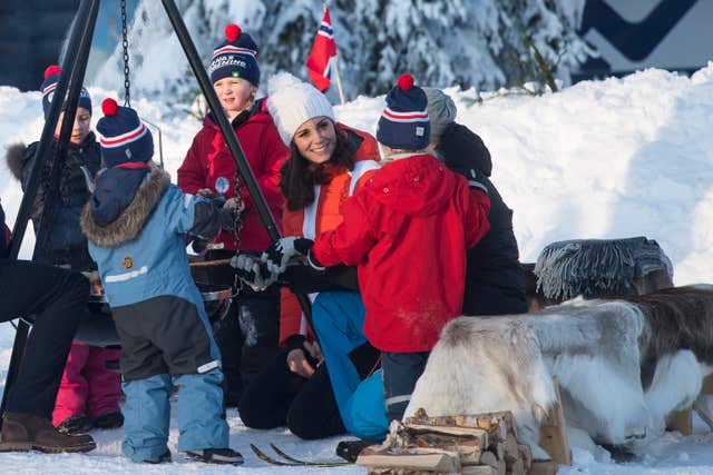 The Duchess of Cambridge in Tryvann, Oslo, Norway with the Norwegian Ski Federation, where they saw a group of local nursery children taking part in a ski school session (Victoria Jones/PA)