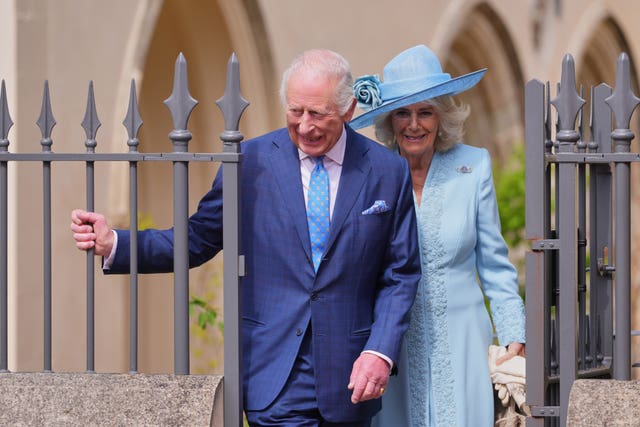 The King and Queen leaving the Easter Mattins service at St George’s Chapel, Windsor
