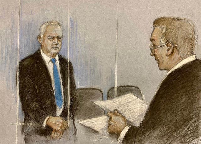 Court sketch of Chief Magistrate Paul Goldspring (right) with former BBC broadcaster Huw Edwards appearing at Westminster Magistrates’ Court
