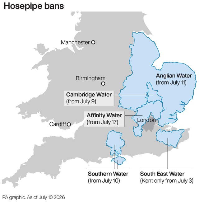 Map showing hosepipe bans