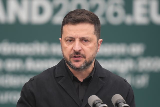Ukrainian President Volodymyr Zelensky delivers a speech at Dublin Castle