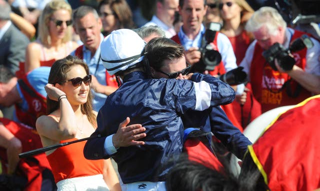 Joseph O’Brien embraces his brother Donnacha after their Irish Derby triumph