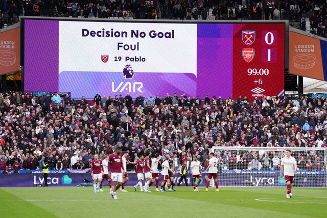 The big screen showing a VAR decision not to award a goal to West Ham against Arsenal