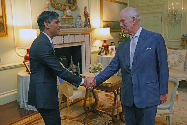 The King with then-prime minister Rishi Sunak at Buckingham Palace in 2024