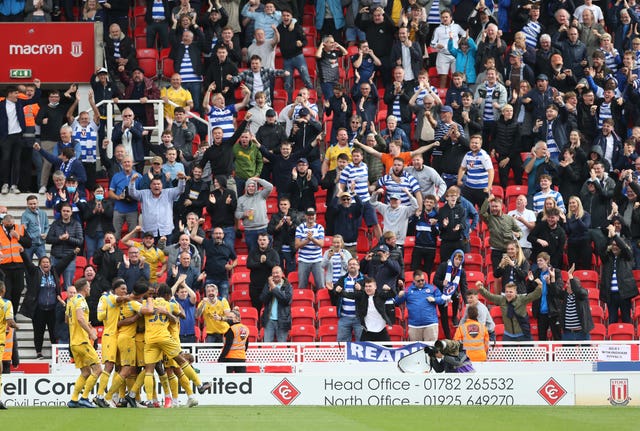 The travelling support (pictured) saw their team equalise twice before a late Sam Surridge goal earned Stoke a 3-2 win (Barrington Coombs/PA).
