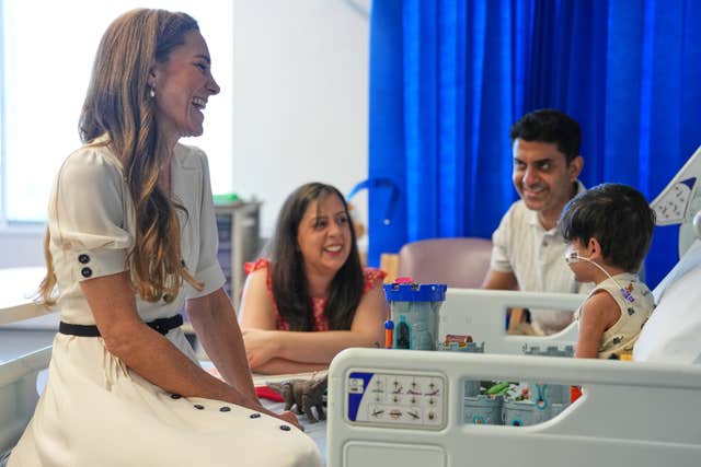 Kate, patron of Evelina London Children’s Hospital, talks to Arjun and his family during a visit to the hospital to learn more about its vision to become London’s most comprehensive, integrated children’s hospital