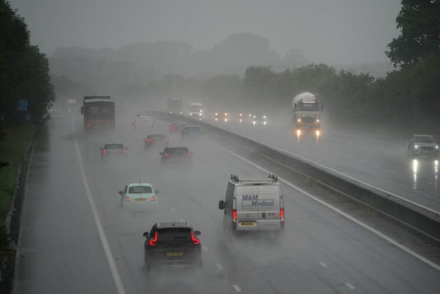 Rain falls on the M5 near Taunton, Somerset