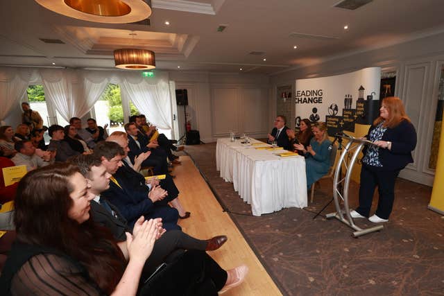 Alliance leader Naomi Long, right, speaking during the manifesto launch