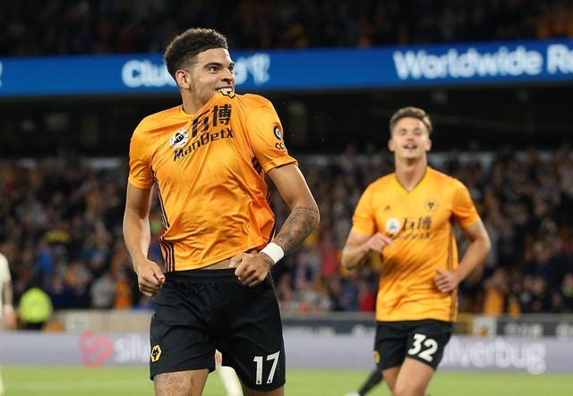 Morgan Gibbs-White celebrates his first senior goal for Wolves