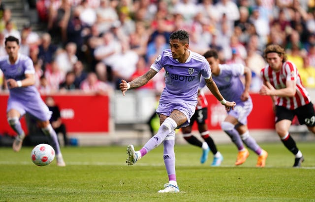 Leeds' Raphinha scores from the penalty spot