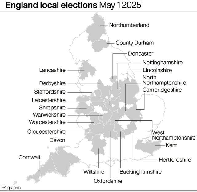 A map showing the local elections in England on May 1 2025