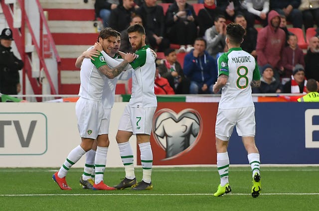 Jeff Hendrick, left, celebrates scoring the only goal of the game in Gibraltar 