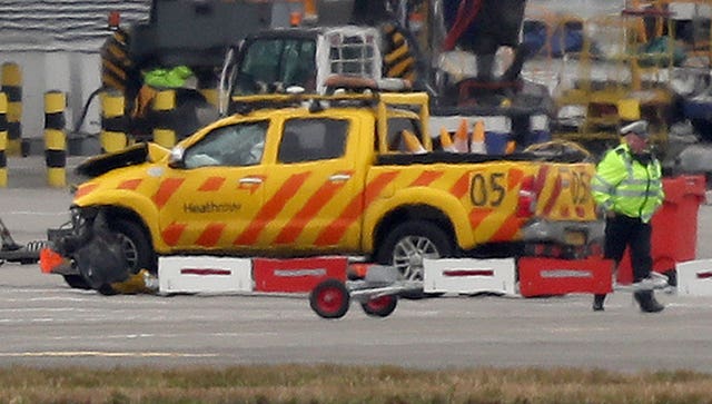 One of the vehicles involved in a crash at Heathrow Airport (Steve Parsons/PA)