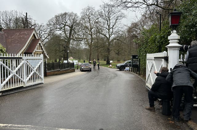 Members of the media outside Royal Lodge, the former home of Andrew Mountbatten-Windsor, in Windsor Great Park, Berkshire