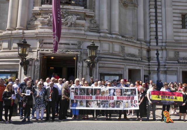 Victims and campaigners outside Central Hall in Westminster, London, after the publication of the Infected Blood Inquiry report in 2024
