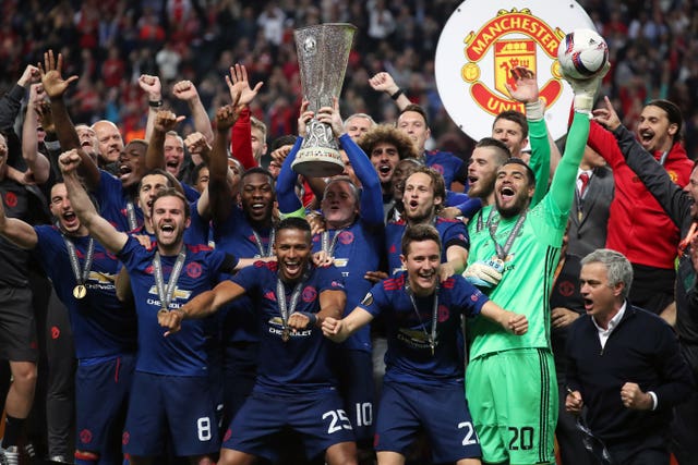 Eric Bailly and his Manchester United team-mates celebrate Europa League glory in 2017 after victory over Ajax