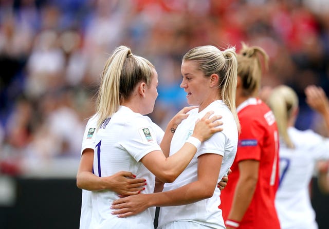 Alessia Russo (right) celebrates with team-mate Lauren Hemp